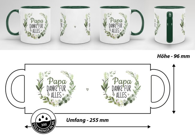 Tasse mit Spruch - Danke f&uuml;r alles Papa - Innen &amp; Henkel Dunkelgr&uuml;n