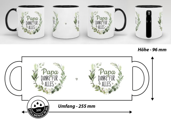Tasse mit Spruch - Danke f&uuml;r alles Papa - Innen &amp; Henkel Schwarz