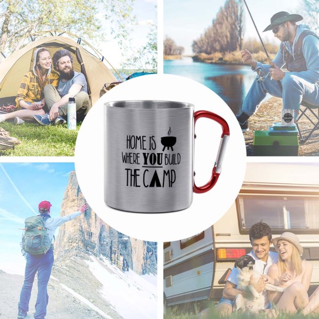 Karabiner Tasse - Home is where you build the camp - Rot, 280 ml