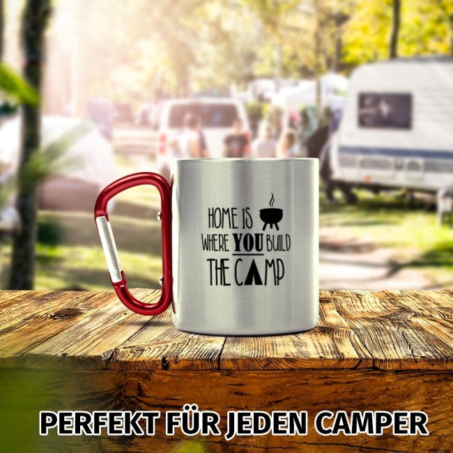 Karabiner Tasse - Home is where you build the camp - Rot, 280 ml
