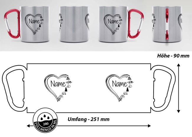 Karabiner Tasse - mit Herz-Motiv - mit Name personalisieren