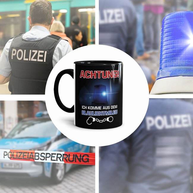 Polizei Tasse - Achtung! Blaulichtmilieu - Innen &amp; Henkel Schwarz