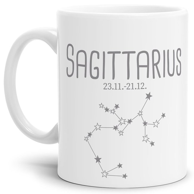 Sternzeichen Tasse - mit Datum &amp; Symbol Sch&uuml;tze - Wei&szlig; matt