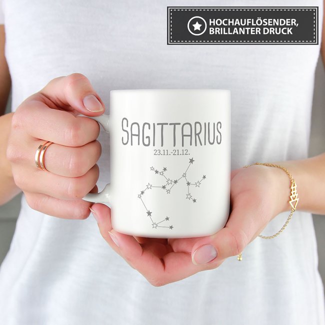 Sternzeichen Tasse - mit Datum &amp; Symbol Sch&uuml;tze - Wei&szlig; matt