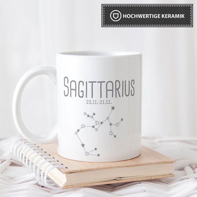 Sternzeichen Tasse - mit Datum &amp; Symbol Sch&uuml;tze - Wei&szlig; matt