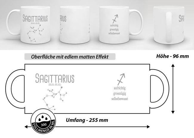 Sternzeichen Tasse - mit Datum &amp; Symbol Sch&uuml;tze - Wei&szlig; matt