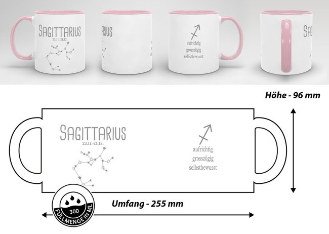 Sternzeichen Tasse - mit Datum &amp; Symbol Sch&uuml;tze - Innen &amp; Henkel Rosa