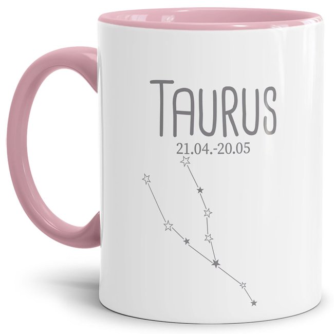 Sternzeichen Tasse - mit Datum &amp; Symbol Stier - Innen &amp; Henkel Rosa