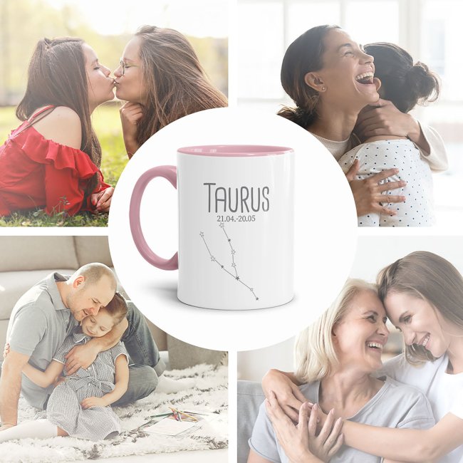 Sternzeichen Tasse - mit Datum &amp; Symbol Stier - Innen &amp; Henkel Rosa