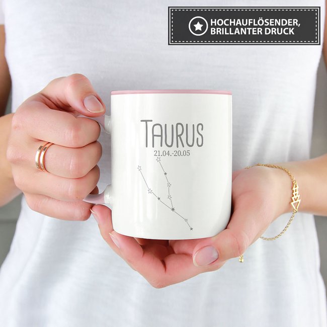 Sternzeichen Tasse - mit Datum &amp; Symbol Stier - Innen &amp; Henkel Rosa