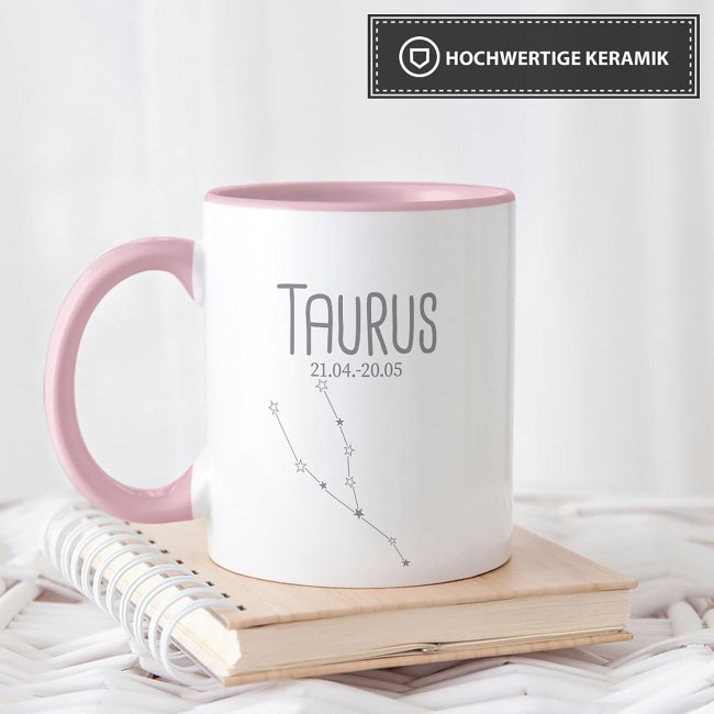 Sternzeichen Tasse - mit Datum &amp; Symbol Stier - Innen &amp; Henkel Rosa