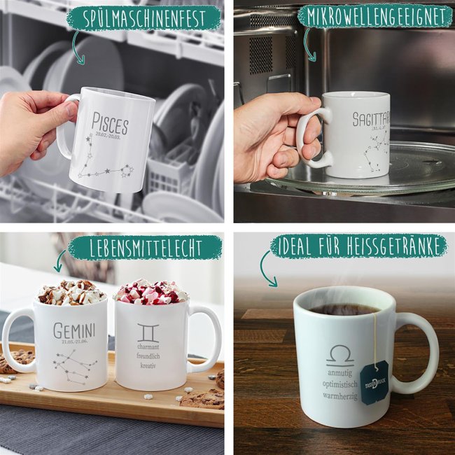 Sternzeichen Tasse - mit Datum &amp; Symbol Stier - Innen &amp; Henkel Rosa