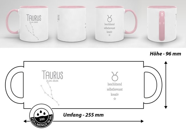 Sternzeichen Tasse - mit Datum &amp; Symbol Stier - Innen &amp; Henkel Rosa