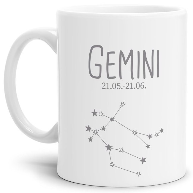 Sternzeichen Tasse - mit Datum &amp; Symbol Zwilling - Wei&szlig; matt