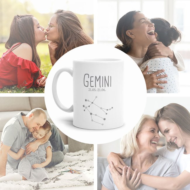 Sternzeichen Tasse - mit Datum &amp; Symbol Zwilling - Wei&szlig; matt