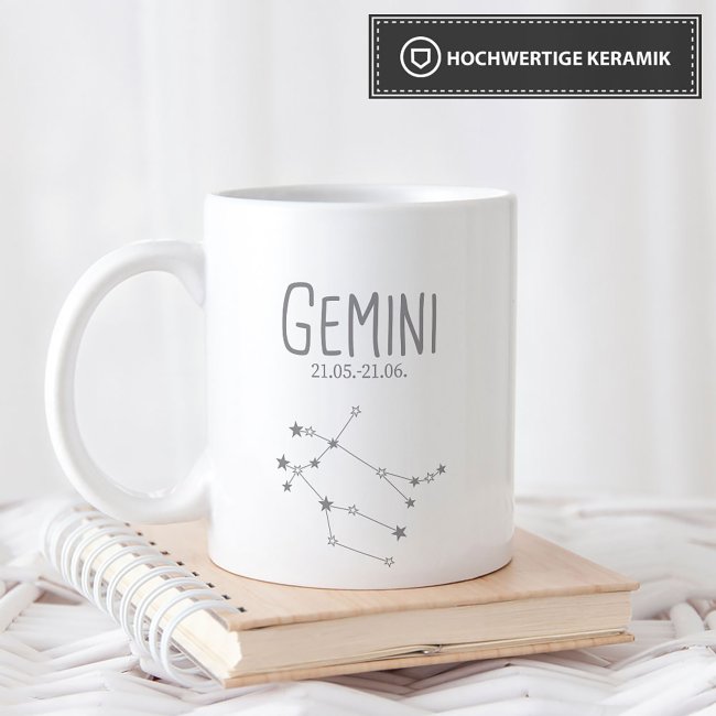 Sternzeichen Tasse - mit Datum &amp; Symbol Zwilling - Wei&szlig; matt