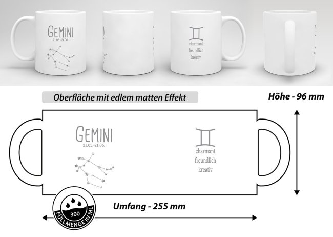Sternzeichen Tasse - mit Datum &amp; Symbol Zwilling - Wei&szlig; matt