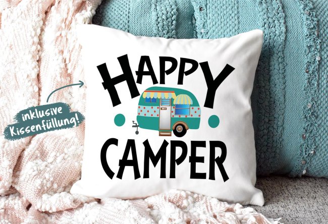 Camping Kissen - Happy Camper - Wei&szlig;