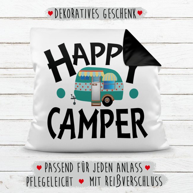 Camping Kissen - Happy Camper - R&uuml;ckseite Schwarz