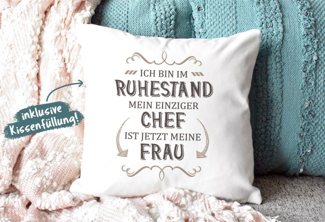 Kissen zum Ruhestand - Mein Chef ist jetzt meine Frau - R&uuml;ckseite Beige