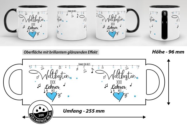 Tasse - Weltbester Musiklehrer Eigener Name - Innen &amp; Henkel Schwarz