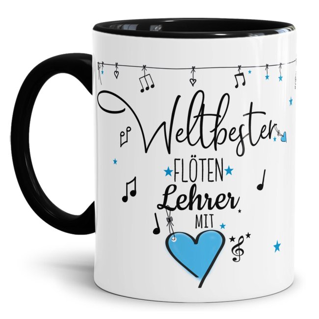 Tasse - Weltbester Musiklehrer Fl&ouml;te - Innen &amp; Henkel Schwarz