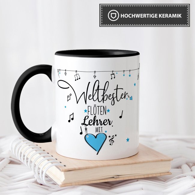 Tasse - Weltbester Musiklehrer Fl&ouml;te - Innen &amp; Henkel Schwarz