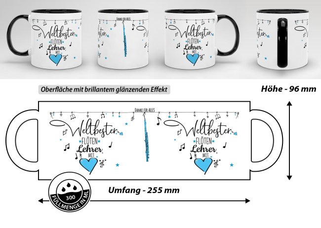 Tasse - Weltbester Musiklehrer Fl&ouml;te - Innen &amp; Henkel Schwarz