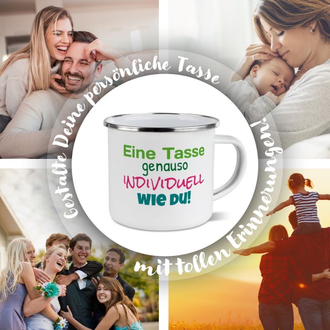 Emaille-Tasse mit Wunschtext - Rand Silber, 300 ml - Druck Links &amp; Rechts vom Henkel