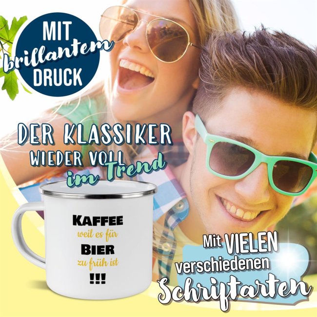 Emaille-Tasse mit Wunschtext - Rand Silber, 300 ml - Druck Links &amp; Rechts vom Henkel