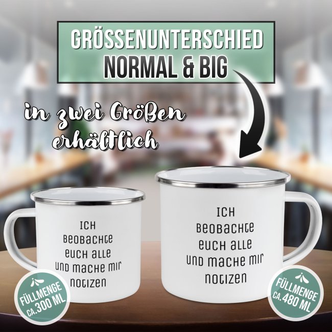 Emaille-Tasse mit Wunschtext - Rand Silber, 300 ml - Druck Links &amp; Rechts vom Henkel