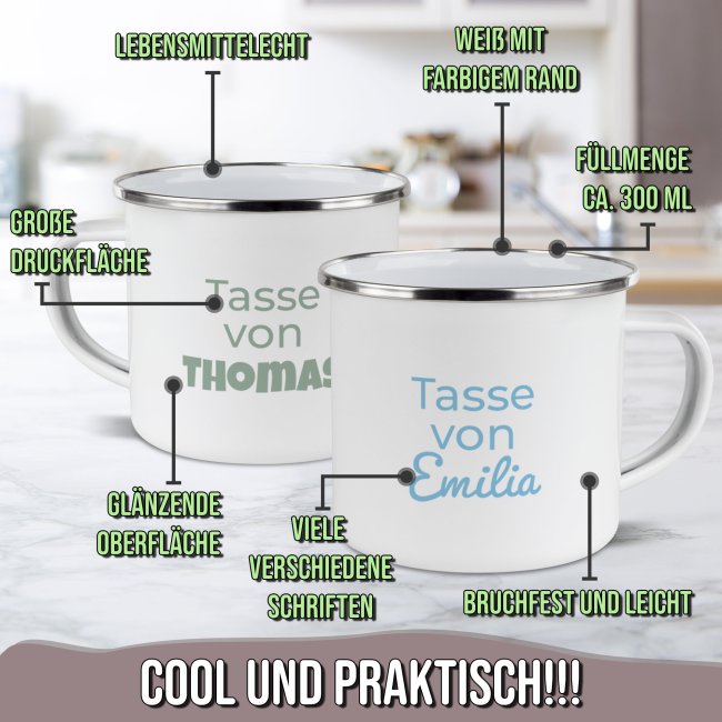 Emaille-Tasse mit Wunschtext - Rand Silber, 300 ml - Druck Links &amp; Rechts vom Henkel