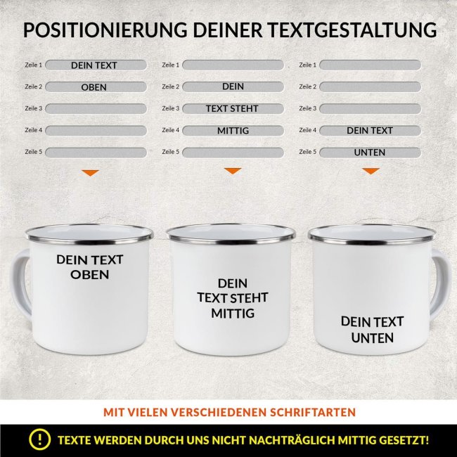 Emaille-Tasse mit Wunschtext - Rand Silber, 300 ml - Druck Links &amp; Rechts vom Henkel