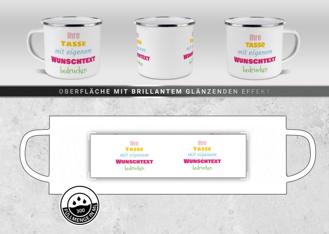 Emaille-Tasse mit Wunschtext - Rand Silber, 300 ml - Druck Links &amp; Rechts vom Henkel