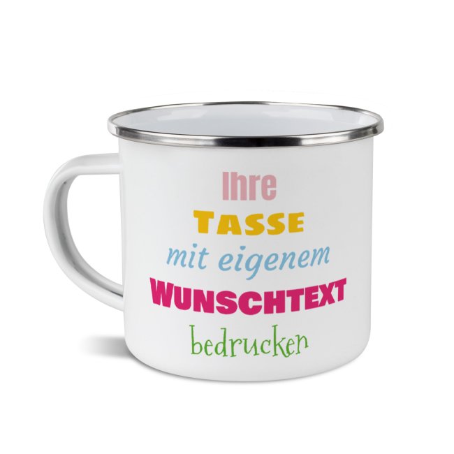 Emaille-Tasse mit Wunschtext - Rand Silber, 300 ml - Druck Links &amp; Rechts vom Henkel