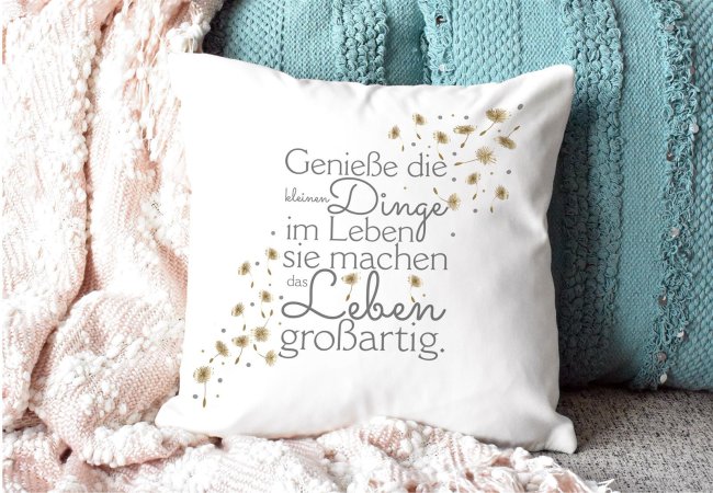 Kissen mit Spruch - Genie&szlig;e die kleinen Dinge - Wei&szlig; flauschig