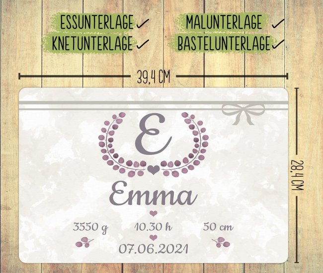Kinder-Platzset - Geburt M&auml;dchen - mit Geburtsdaten