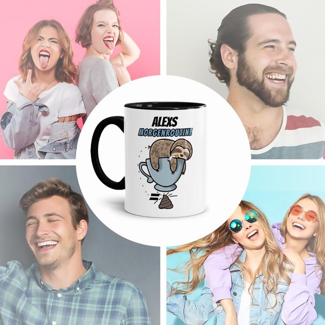 Lustige Tasse - Morgenroutine Faultier - Innen &amp; Henkel Schwarz