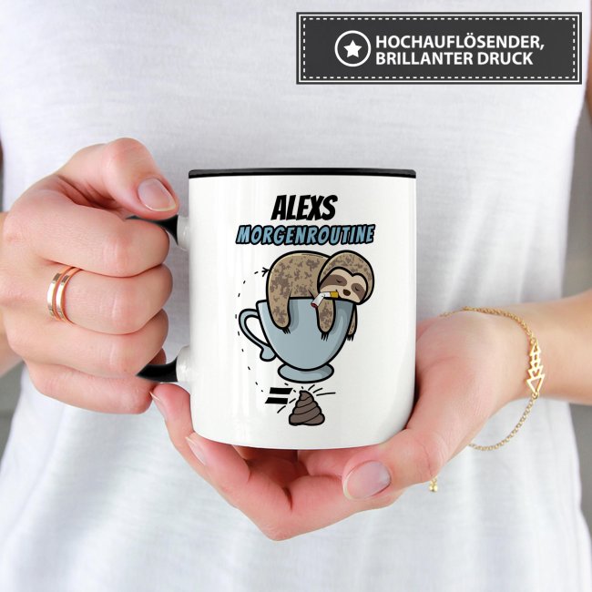 Lustige Tasse - Morgenroutine Faultier - Innen &amp; Henkel Schwarz