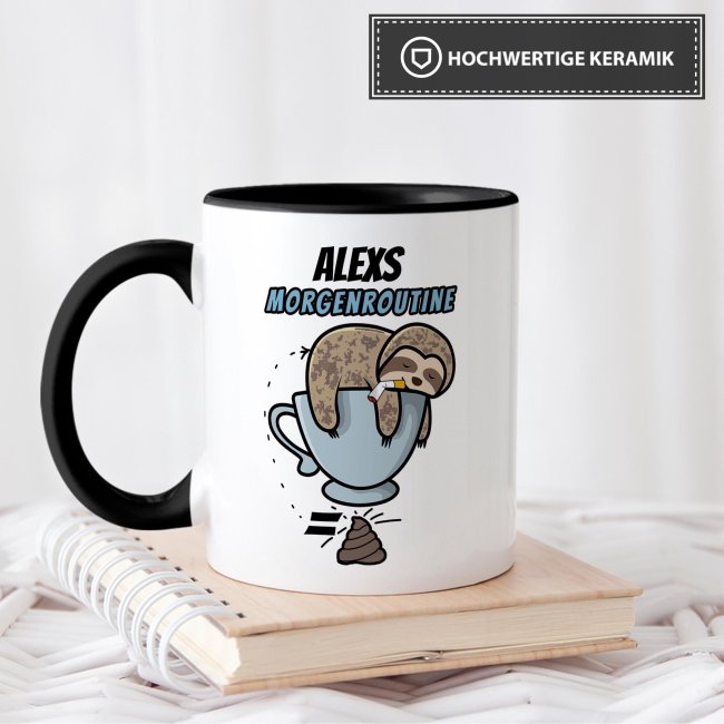 Lustige Tasse - Morgenroutine Faultier - Innen &amp; Henkel Schwarz