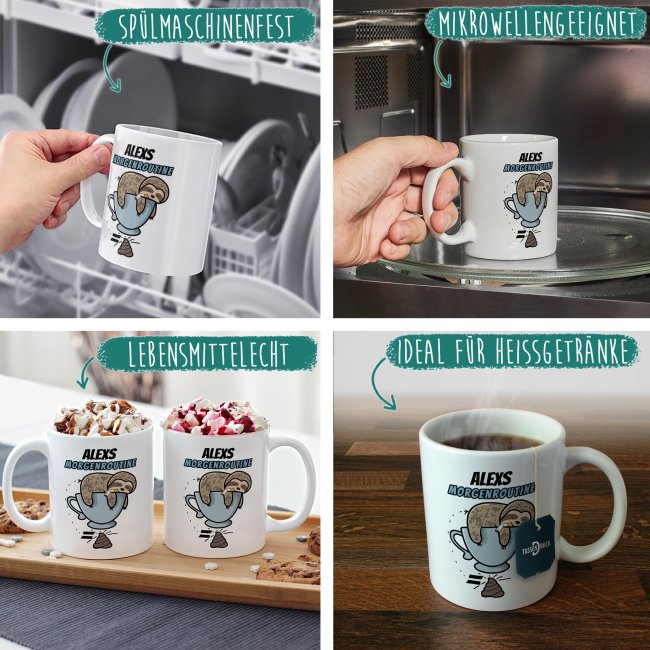 Lustige Tasse - Morgenroutine Faultier - Innen &amp; Henkel Schwarz