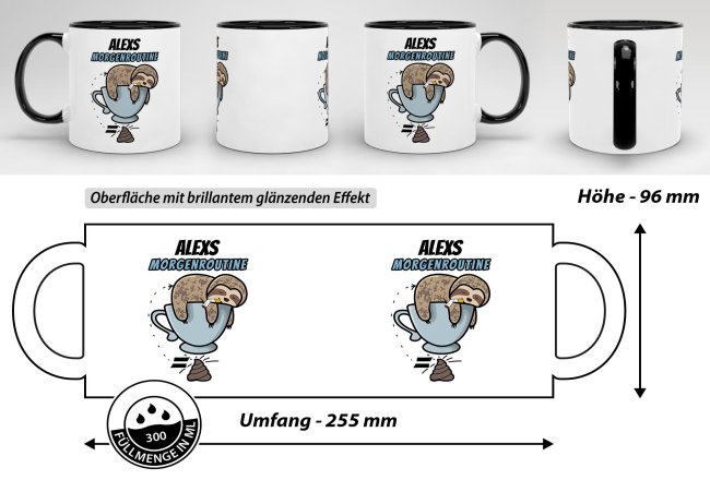 Lustige Tasse - Morgenroutine Faultier - Innen &amp; Henkel Schwarz