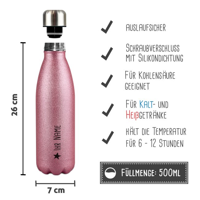 Trinkflasche aus Edelstahl mit Glitzer - mit Name - Symbol Stern - Pink