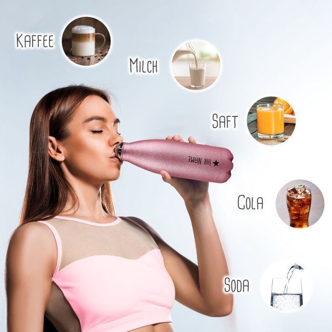 Trinkflasche aus Edelstahl mit Glitzer - mit Name - Symbol Stern - Pink