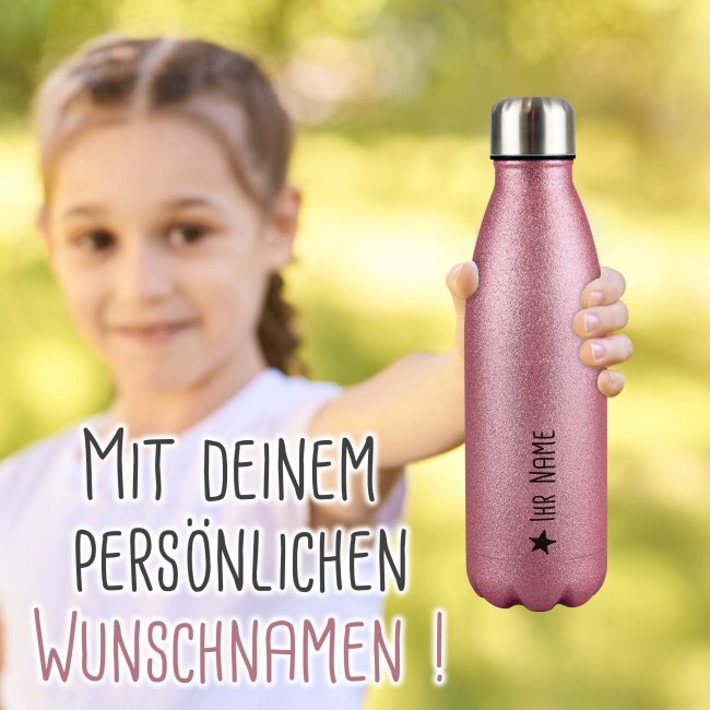 Trinkflasche aus Edelstahl mit Glitzer - mit Name - Symbol Stern - Pink