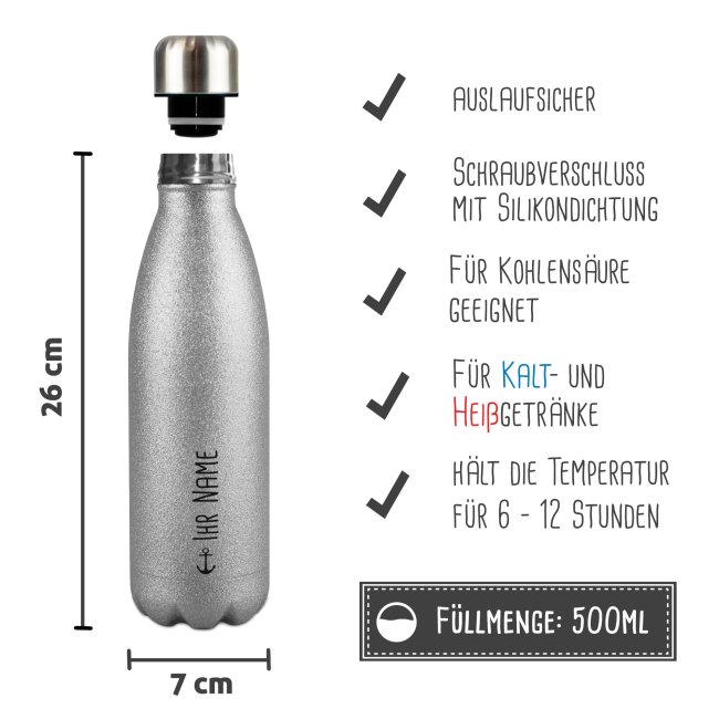 Trinkflasche aus Edelstahl mit Glitzer - mit Name - Symbol Anker - Silber