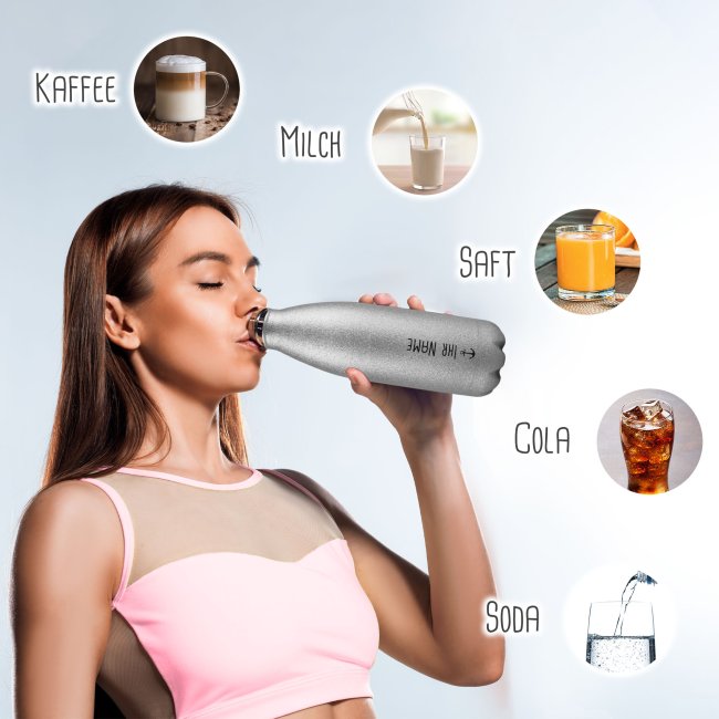 Trinkflasche aus Edelstahl mit Glitzer - mit Name - Symbol Anker - Silber