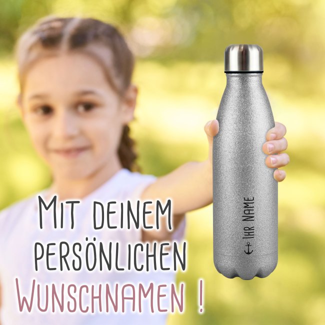 Trinkflasche aus Edelstahl mit Glitzer - mit Name - Symbol Anker - Silber