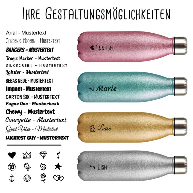 Trinkflasche aus Edelstahl mit Glitzer - mit Name - Symbol Anker - Silber