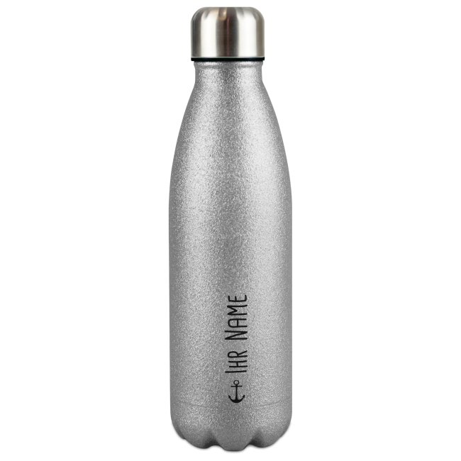 Trinkflasche aus Edelstahl mit Glitzer - mit Name - Symbol Anker - Silber